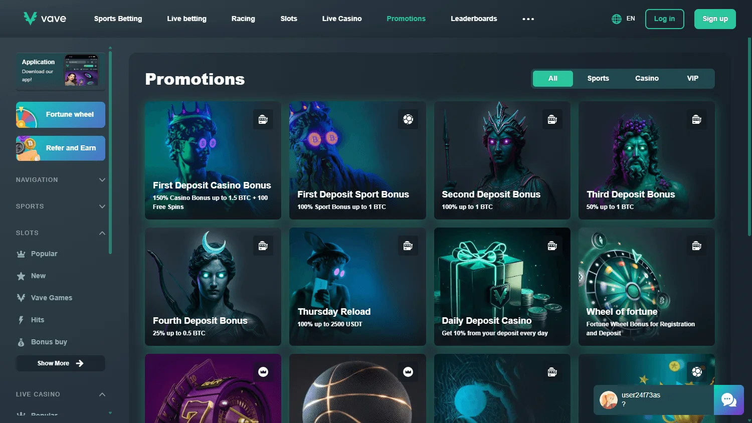 Vave Casino promotions interface on desktop