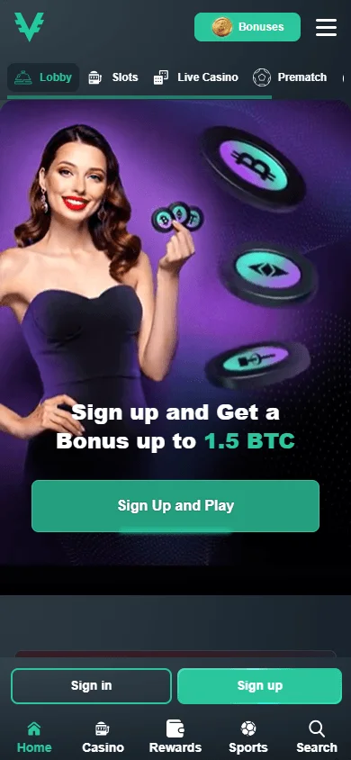 Vave Casino home interface on a mobile device