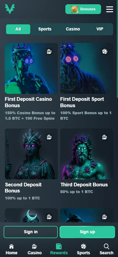 Vave Casino promotions interface on a mobile device